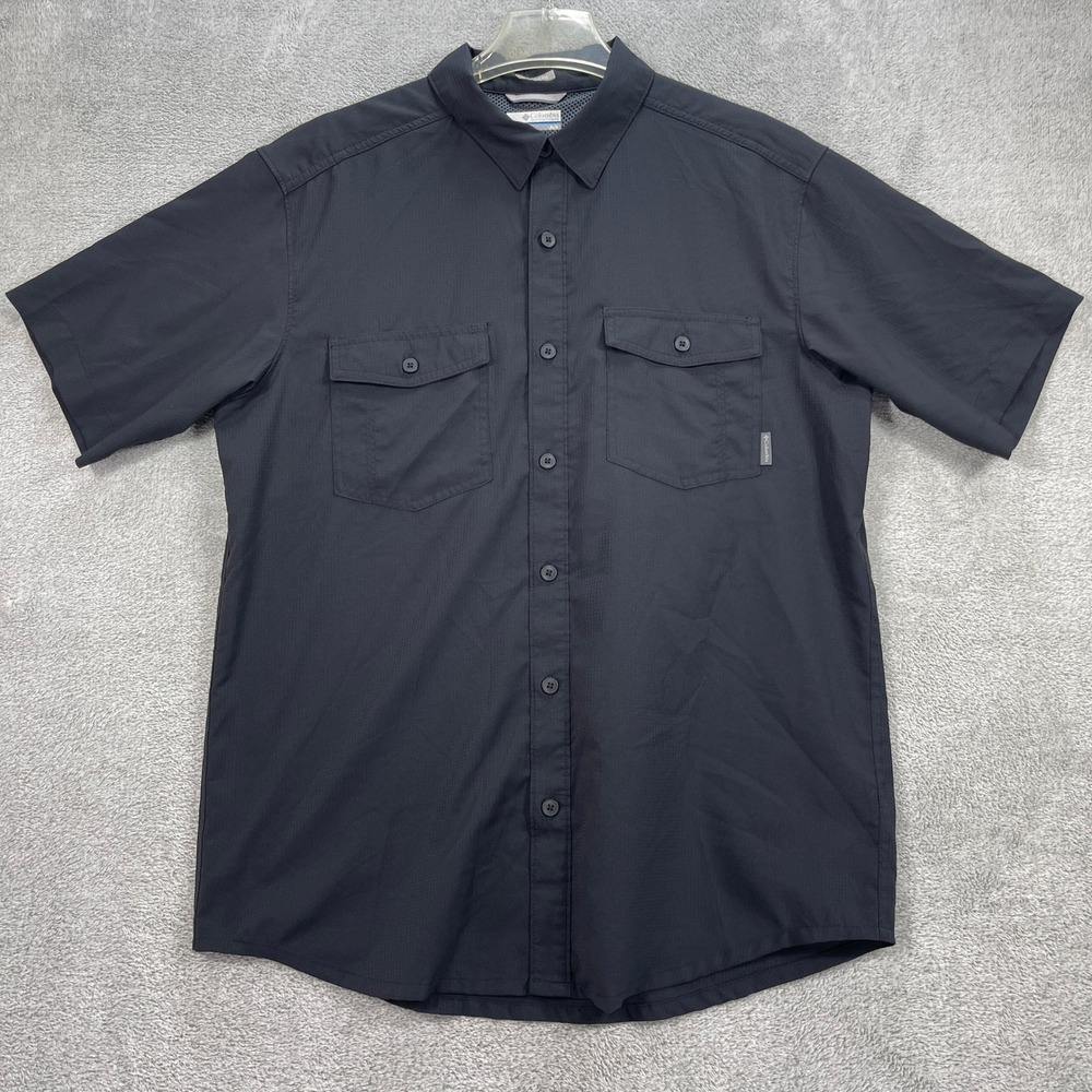 Columbia Button Up Shirt Men Medium Black Ridge Short Sleeve Ripstop Hiking